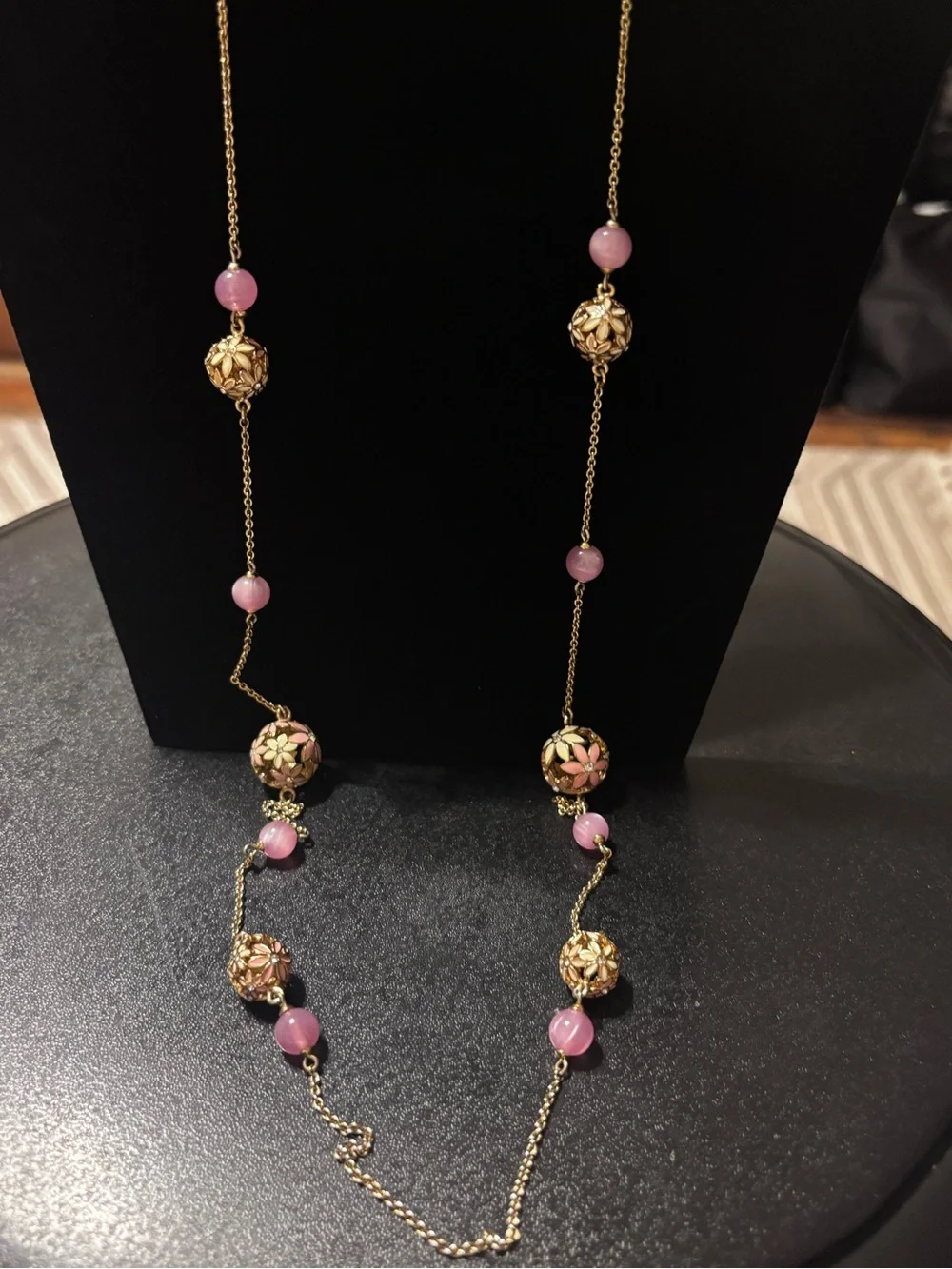 kate spade At‎ First Blush Gold Floral Enamel Necklace with Pink Bead Drops